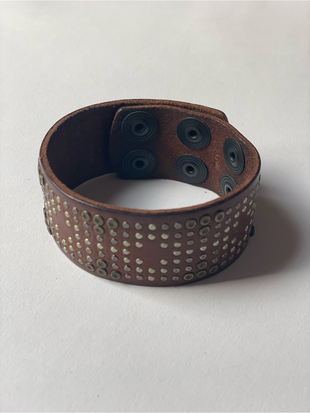 Brown Studded Leather Snap Cuff Bracelet
